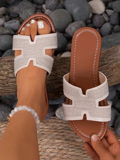 女士夏季新款皮革厚底拖鞋，韩版时尚休闲露趾圆头一脚蹬凉鞋，轻便舒适防滑沙滩拖鞋