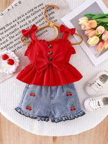 Baby Girl 2pcs Set: Bow-Decor Sleeveless Ruffle Trim Top & Cherry Embroidered Ruffle Trim Denim Shorts - Red - View 2