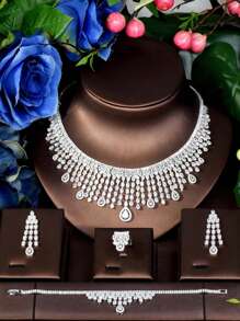 1 Set Luxurious Cubic Zirconia Tassel Jewelry Set, Suitable For Women Wedding Accessories