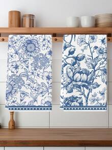 2 Stücke Küchentücher im Retro-Chinastil mit blau-weißem Porzellanblumen- und Vogeldekor, Bauernhaus-Spültuch, Geschirrtuch, Küchendekoration, Tischdekoration, Küchenutensilien, geeignet für Küche, Restaurant, Tisch, Reinigung für den täglichen Gebrauch