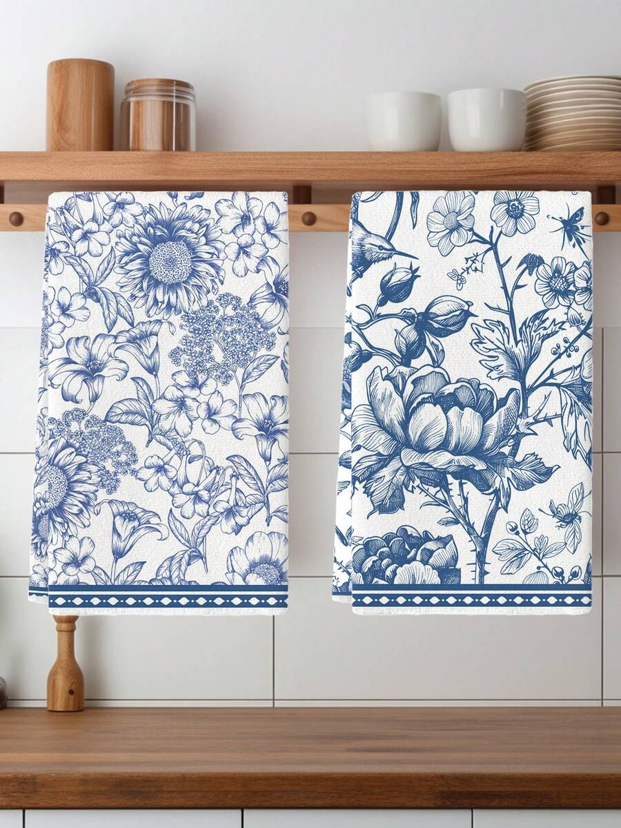 2 Stücke Küchentücher im Retro-Chinastil mit blau-weißem Porzellanblumen- und Vogeldekor, Bauernhaus-Spültuch, Geschirrtuch, Küchendekoration, Tischdekoration, Küchenutensilien, geeignet für Küche, Restaurant, Tisch, Reinigung für den täglichen Gebrauch