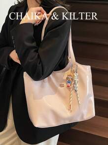 1 pièce Sac d'épaule mode en matériau PU de couleur unie, sac vintage casual avec fermeture éclair à pression, grand sac fourre-tout capacité adaptée pour le voyage, le shopping, les sorties, cadeau pour femme, convient aux adolescentes, étudiantes, débutantes et femmes de bureau, idéal pour le bureau, les études, le travail, les déplacements, l'extérieur, les voyages et les sorties (vendu avec pendentif)