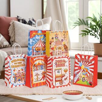 Set de 12 bolsas de papel kraft con tema de circo, bolsas de regalo para fiestas de cumpleaños, bolsas de compras del Día de la Madre, decoraciones de bolsos