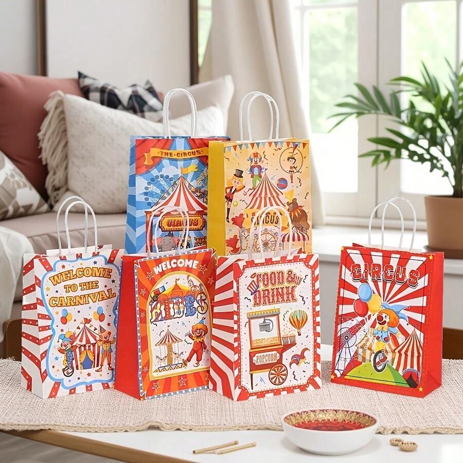 12件套马戏团主题系列牛皮纸袋，节日礼品袋，生日派对包装袋，礼品袋，母亲节购物袋，手提包装饰 - 彩色 - 查看 1