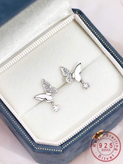 1 Pair S925 Silver Minimalist Nature Style Cute Petite Crystal Butterfly Stud Earrings For Girl