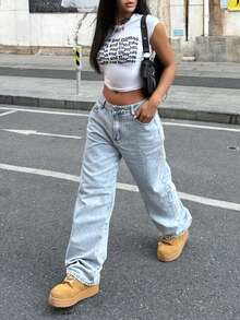 PETITE Women's Casual Light Color Water-Washed Wide Leg Denim Jeans For Daily Wear - Light Wash - View 4