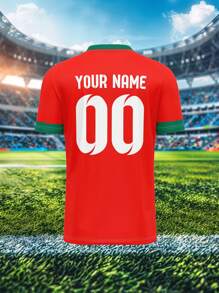 Camiseta personalizada del equipo nacional de Marruecos, transpirable y de secado rápido de 210g, camiseta deportiva de cuello en V para primavera/verano para hombres y mujeres, con nombre, número y logotipo impresos en el frente y la espalda, diseño cómodo de empalme rojo y verde para uso casual, fiesta y reunión