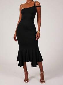 Vestido de mujer, unicolor sexy de un solo hombro con plisados y diseño asimétrico para el verano