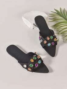 Women's Fashion Pointed Toe Rhinestone Decor Slip On Flat Sandals, Comfortable Plus Size Summer Open Toe - Black - View 3