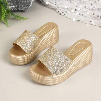 Women's Fashionable Platform Wedge Heel Beach Slide Sandals, Versatile For Summer