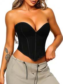 Áo croptop cúp ngực gợi cảm dành cho nữ, thích hợp cho các buổi hòa nhạc, đi chơi, áo quây hở eo, kiểu corset, thiết kế buộc dây, có gọng thép, cổ áo hình trái tim, corset định hình vóc dáng, áo croptop hở eo gợi cảm. - màu đen - Xem 3