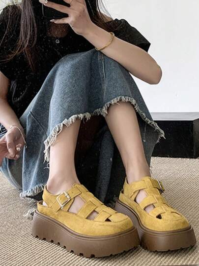 Thick Sole Peep-Toe Roman Sandals, Preppy Style Fashion New Spring/Summer Hollow Strap Buckle English Cutout Shoes