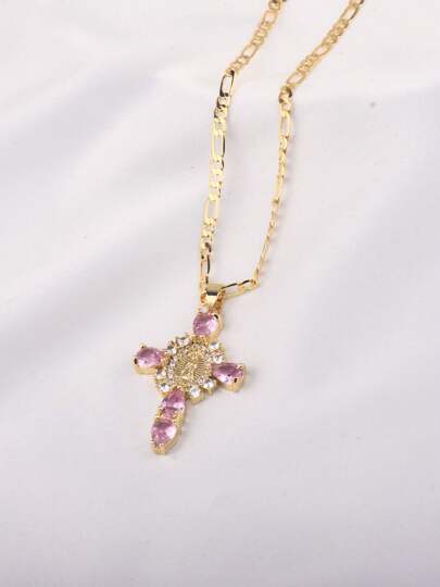 1 Conjunto Colar Pendente com Cruz de Zircônia Cúbica e Nossa Senhora, Corrente Fero, Colar Pendente Unissex Retrô de Moda Hip Hop, Adequado para Uso Diário ou Festas, Presente para o Dia dos Namorados