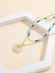 1pc Simple Versatile European & American Style Snake Totem Circle Bead Multi-Layer Necklace, Blue - Blue - View 2