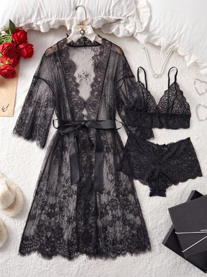 Deep V Lace Semi-Sheer Sexy And Charming Design Sleepwear Set, For Women