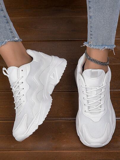 New Spring/Summer White Women Shoes Platform Sneakers Women's Sports Shoes Fashionable Comfortable Mesh & Leather Ventilation Lace-Up Chunky Sneakers