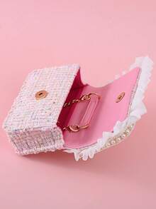 1pc Beaded Ruffle Flower Metal Leaf Decor Pearl Applique Comfortable PU Wool Blend Multi-Function Chain Flap Closure Casual Beaded Handbag Crossbody Bag Pouch Suitable For Holidays And Daily Use - Woolen Alloy Fortune Tree - View 5