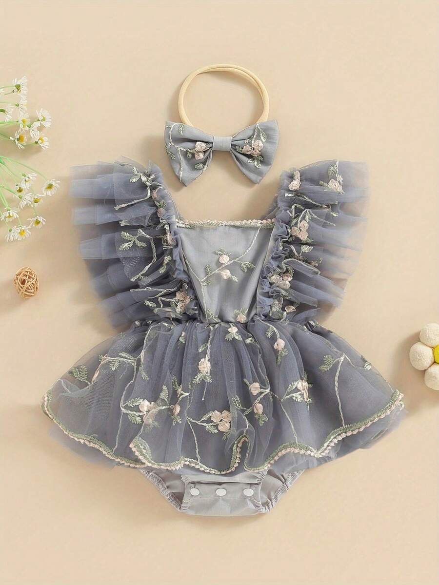 Infant Baby Girls Romper Dress Fly Sleeve Square-Neck Floral Embroidery Tulle Jumpsuit With Bow Headband - Màu xanh lam - Xem 1
