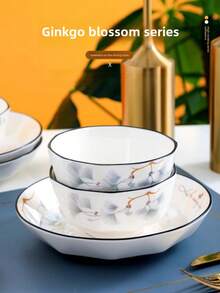 18pcs Ceramic Glazed Dinnerware Set, Includes 4 Bowls, 4 Plates, 4 Spoons, 4 Chopsticks, 1 Soup Bowl, 1 Serving Spoon, Suitable For 2-4 People, Nordic Style Ginkgo Leaf Design, Ceramic Bowls, Plates, Chopsticks Tableware Set