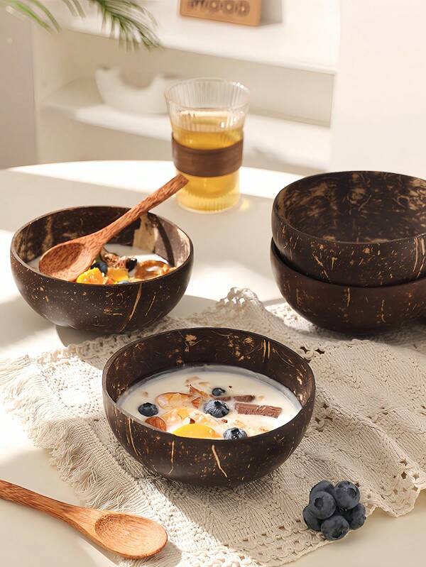 Winter Kokosnuss Schalen mit Löffeln - für heißen Haferbrei, Suppen & Eintöpfe, gemütliche Feiertage & Weihnachten abbaubare vegane Geschirre für heiße Schokolade, Apfelwein, Desserts (natürlicher Kokosnuss-Duft)