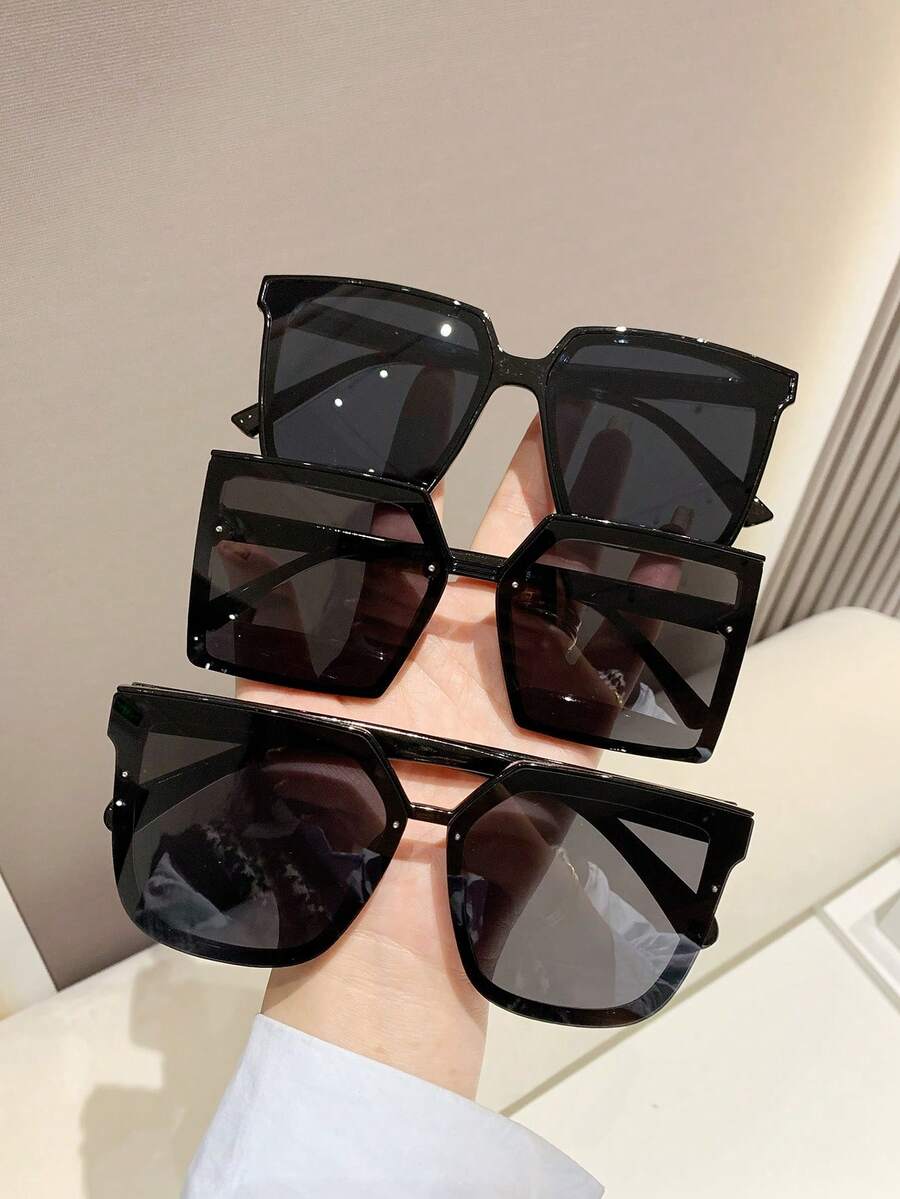 Juego de 3 gafas de sol de plástico cuadradas retro y oversize, gafas de moda para hombres y mujeres, para uso casual diario, viajes al aire libre, playa y vacaciones, con protección UV para conducir en verano - Negro - Ver 1