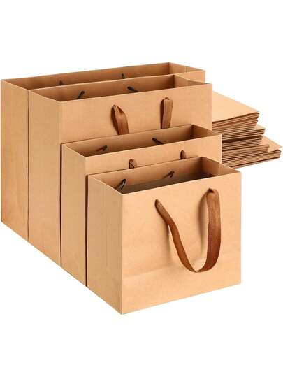 10个装牛皮纸礼品袋，带手柄，4种尺寸，含布质手柄，可作礼品包装袋、甜点袋、购物袋、商品袋，适用于商业、精品店、派对礼品等。