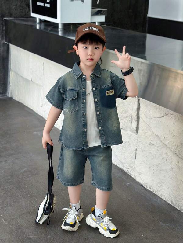 2pcs/Set Boys Kids Summer Denim Short Sleeve Shirt And Shorts Outfit