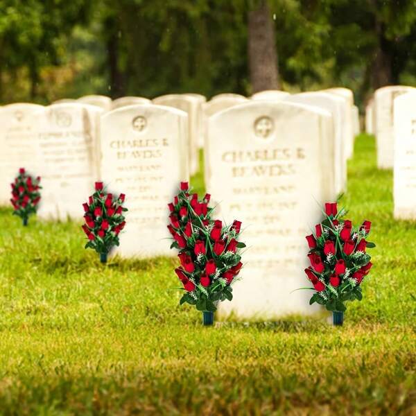 2pcs Artificial Red Rose Bouquet With Green Foliage - Vibrant Cemetery Tribute, Outdoor Memorial Arrangement, No Electricity Needed, Plastic Material, Memorial Day Decorations