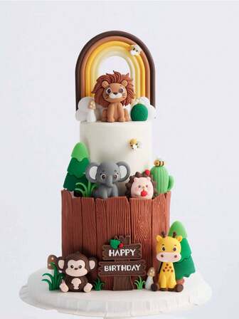 4 件或 1 件动物蛋糕装饰，可爱卡通狮子大象猴子长颈鹿蛋糕装饰，森林主题蛋糕装饰，森林动物软凝胶蛋糕装饰，蜜蜂、仙人掌、松树、草地等，适用于洗礼蛋糕装饰，性别揭晓派对蛋糕装饰，生日蛋糕装饰，一岁生日派对蛋糕装饰
