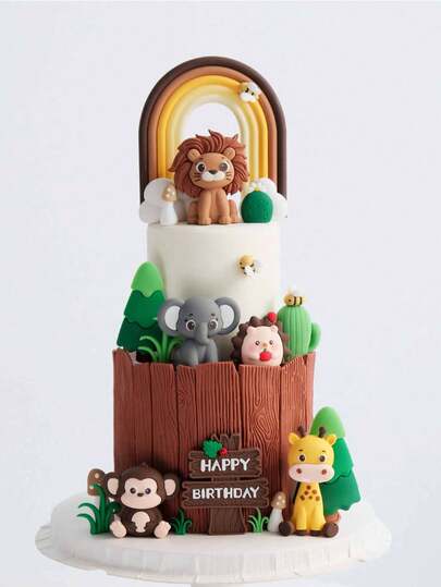 4 件或 1 件动物蛋糕装饰，可爱卡通狮子大象猴子长颈鹿蛋糕装饰，森林主题蛋糕装饰，森林动物软凝胶蛋糕装饰，蜜蜂、仙人掌、松树、草地等，适用于洗礼蛋糕装饰，性别揭晓派对蛋糕装饰，生日蛋糕装饰，一岁生日派对蛋糕装饰