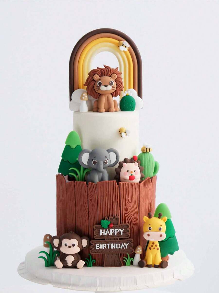 4 Stücke oder 1 Stück Tier-Kuchenaufsätze, süße Cartoon-Kuchendekorationen in Form von Löwen, Elefanten, Affen und Giraffen, Kuchendekorationen mit Waldmotiven, weiche Gel-Kuchendekorationen mit Waldtieren, Bienen, Kakteen, Kiefern, Gras usw., geeignet als Kuchendekoration zur Taufe, Kuchendekorationen für Gender-Reveal-Partys, Geburtstagskuchendekorationen, Kuchendekorationen für die Party zum ersten Geburtstag
