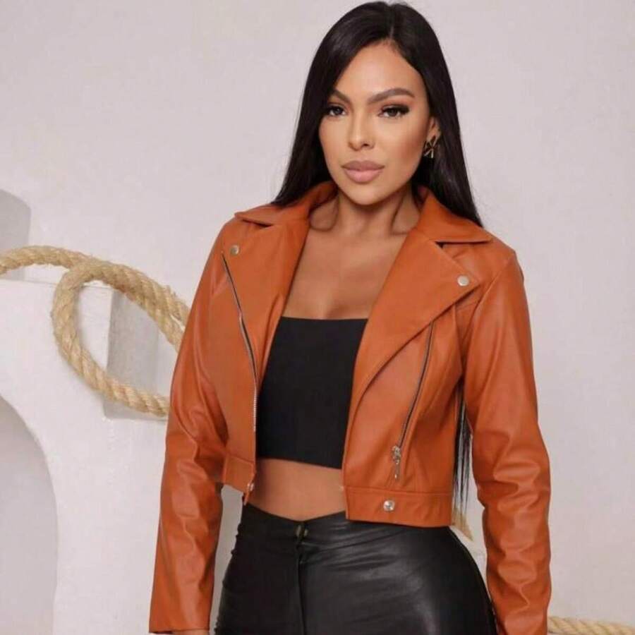 Women's Faux Leather Jacket Synthetic Leather Blouse With Zipper - 駝色 - 查看 1