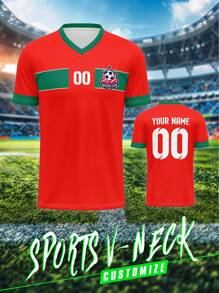 Camiseta personalizada del equipo nacional de Marruecos, transpirable y de secado rápido de 210g, camiseta deportiva de cuello en V para primavera/verano para hombres y mujeres, con nombre, número y logotipo impresos en el frente y la espalda, diseño cómodo de empalme rojo y verde para uso casual, fiesta y reunión