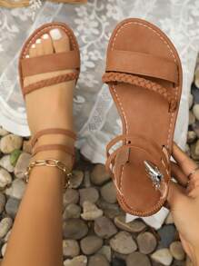 Sandalias planas tipo slip-on con estilo bohemio de verano, sandalias planas romanas con tiras, sandalias planas de punta abierta y versátiles en marrón, caqui, negro, verde oliva