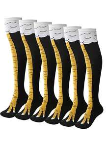 3 Pairs Black Crazy Chicken Leg Pattern Thigh High Socks, Funny Novelty Gift For Women, Sports Socks, Y2K, Cozy - Multicolor - View 10