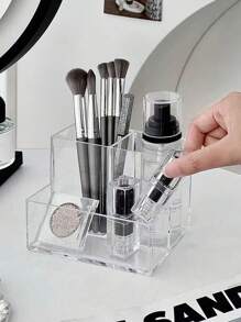 1pc Multi-Compartment Transparent Makeup Organizer Box, Desktop Storage Container For Cosmetics, Brushes, Lipsticks, Multifunctional, Back To School