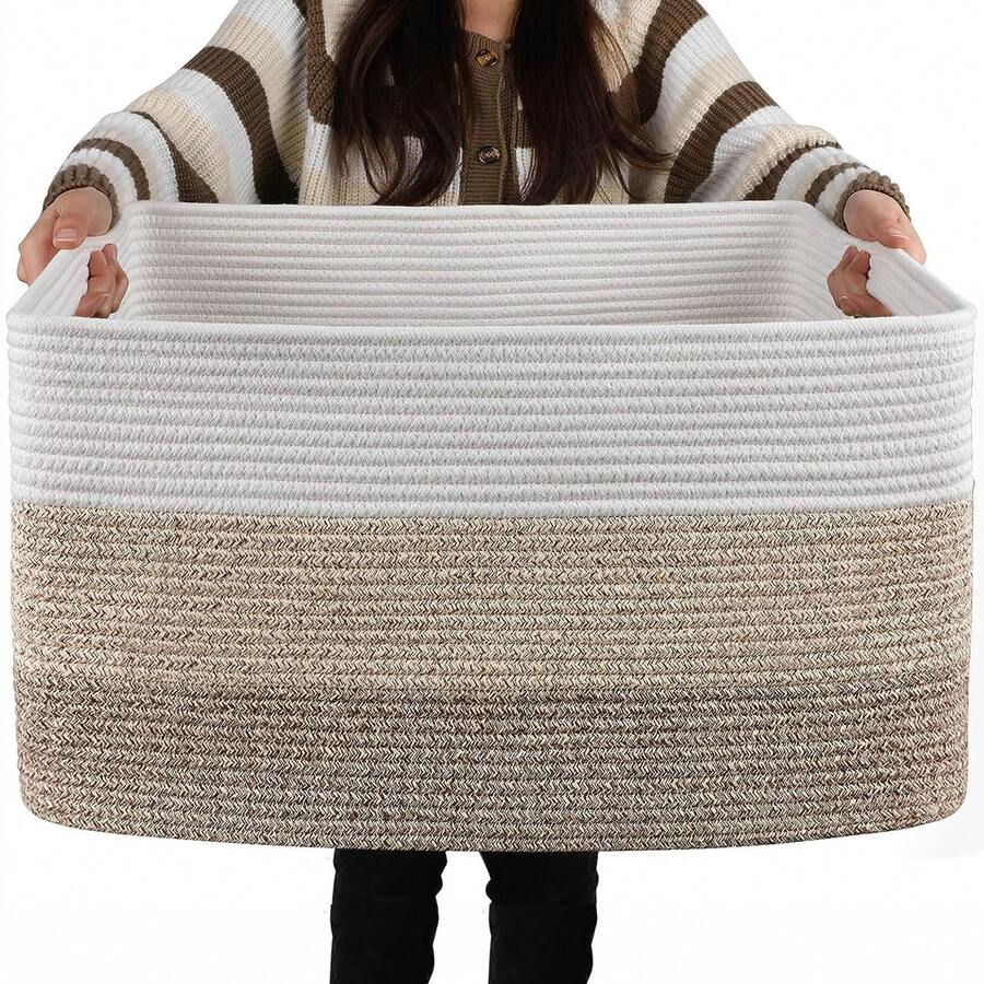 Large Rectangle Laundry Basket, Woven Cotton Rope Storage Baskets For Blanket & Toy Organizing, Laundry Hamper With Handles For Living Room, Laundry Room - White/brown - View 1