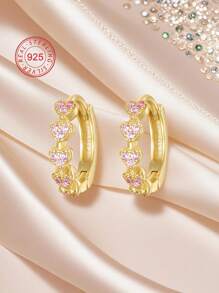 Artepollo 1pc 925 Sterling Silver Hypoallergenic Heart Hoop Earrings, Inlaid With Pink Zirconia, Delicate And Petite, Gift For Girls, Friends, Back To School