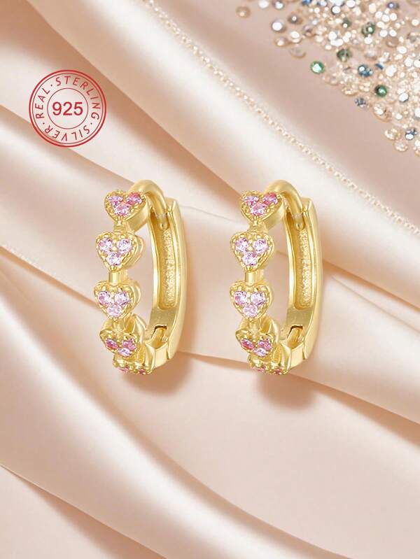 Artepollo 1 pieza Pendientes de aro con corazón de plata esterlina 925 hipoalergénica, incrustada con circonia rosa, delicada y pequeña, regalo para niñas, amigas, vuelta al colegio