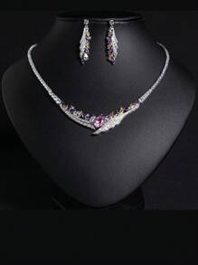 1 Set/3pcs Fashionable Elegant Multicolor Zirconia Wing Shaped Earrings, Necklace Jewelry Set, Suitable For Women's Festivals, Parties, Weddings, Luxury Shiny Jewelry Set, Holiday Gift (Multi-Color Optional)
