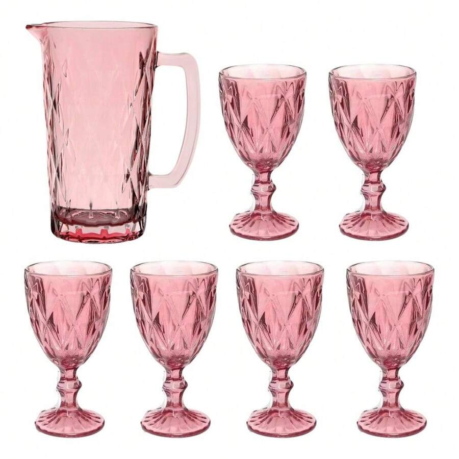 7 Piece Kit 1 Glass Jar 1 L + 6 Diamond Colored Glasses, Water Juice - 粉紅色的 - 查看 1