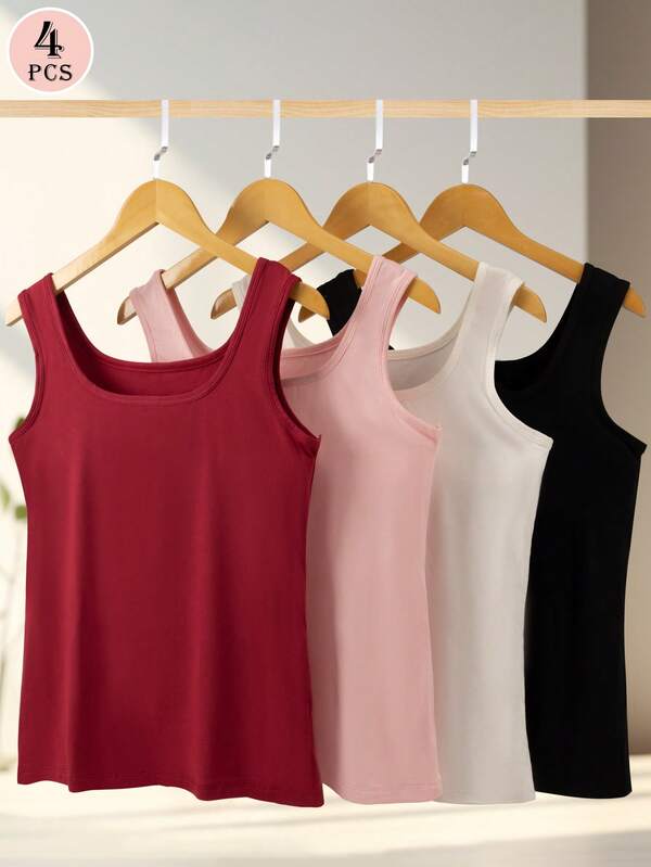 4pcs Women's Solid Color Camisole, Versatile Underwear