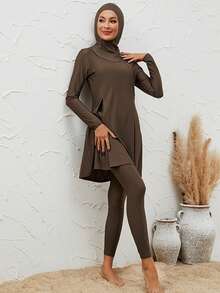 VFJ 3pcs/Set Covered Print Swimsuit, Includes Swim Cap, Swimwear & Burkini Top