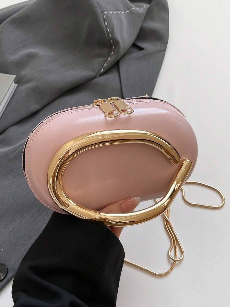 1pc Fashionable Pink Metal Buckle Decor Clutch Bag, Party Purse, Retro European & American Style Evening Bag With Metal Chain, Suitable For Street Outing - Pink - View 1