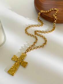 Monlansher Nuova collana da donna con pendente a croce, design in metallo in rilievo esagerato, realizzata in acciaio inossidabile, alla moda, versatile e adatta all'uso quotidiano, colore oro
