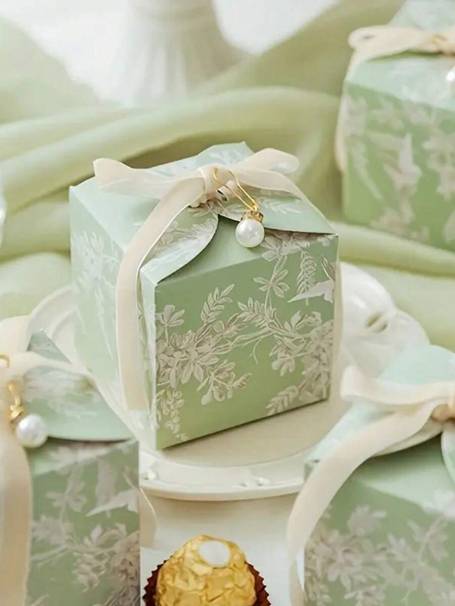 10 件优雅花卉婚礼礼品盒，带天鹅绒丝带和人造珍珠装饰 - 绿叶设计，2.75x2.75x2.75 英寸，非常适合糖果、巧克力和派对礼物，奢华礼品盒 | 复古花卉设计 | 纸板结构，婚礼礼物