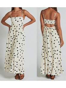 Women Summer Spaghetti Strap Dress Casual Dot Print Backless A-Line Party Dress For Vacation Cocktail Beach Streetwear - 杏色 - 查看 6