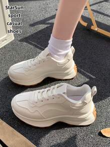 Damen Schnürstiefel mit rundem Zehenbereich, dicker Sohle, mehrzweck Modische Lässig Sportschuhe, Gummisohle, wasserdicht, rutschfest, abriebfest, leicht, Sneaker vielseitig für den täglichen Gebrauch, Frühling/Herbst, Milchweiß