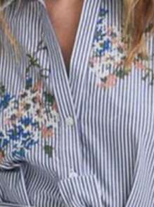Women's Elegant Blue & White Striped Button-Up Flared Hem Short Sleeve Shirt Dress