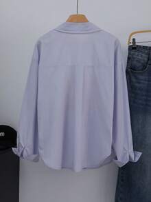 女士休闲日常纽扣刺绣开襟长袖衬衫 - 淡紫色 - 查看 2